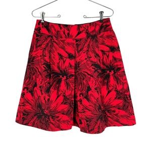 Kay Unger Silk Blend Skirt Womens Size 4 Red Black Floral Inverted Pleat A-Line